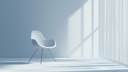 Minimalist White Chair in a Sunlit Room with Soft Shadows and Elegant Curtain Drapes