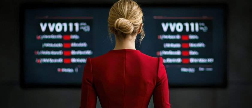 vote final concept. Woman in a red dress observes digital screens displaying data and information in a modern setting.