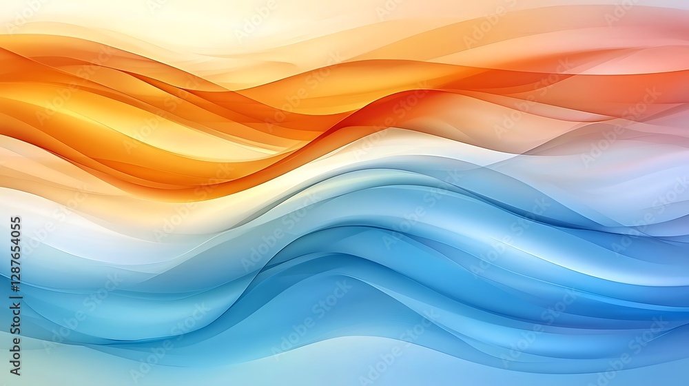 Poster abstract flowing waves in warm orange and cool blue tones creating harmonious color blend and motion
