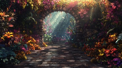 Vibrant Flower Garden Archway with Sunlit Pathway