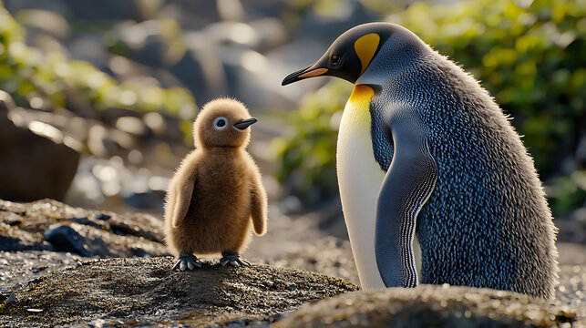 A baby penguin stands next to a larger penguin. generated using AI - Powered by Adobe