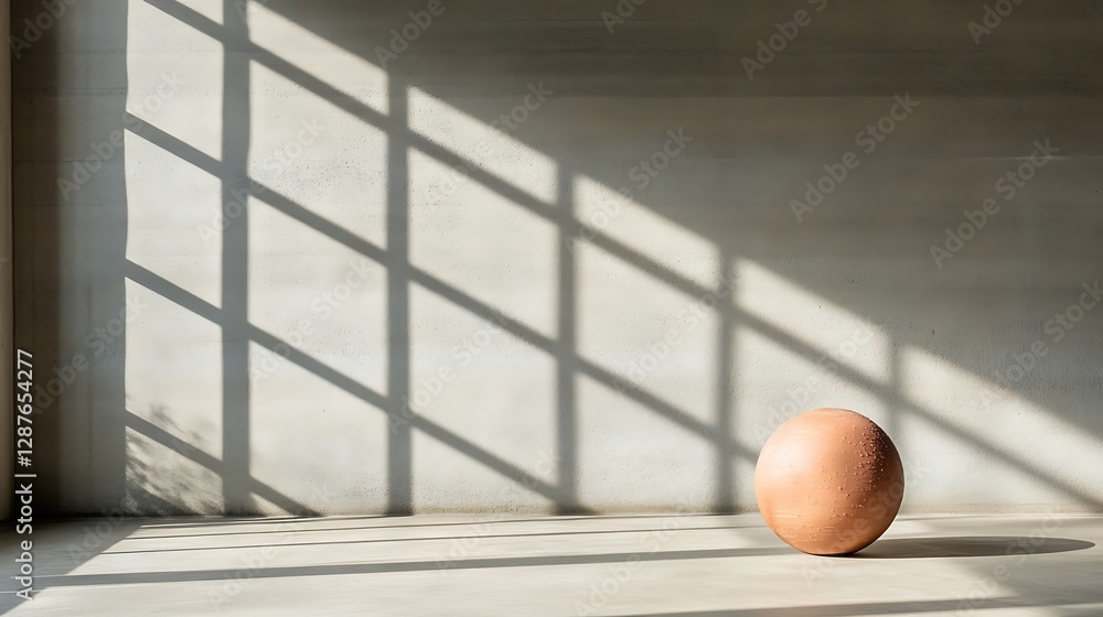 Poster minimalist interior scene with soft shadows and a circular object in neutral tones and natural light