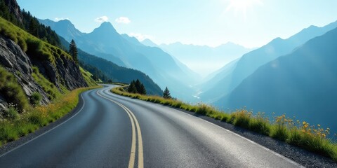 Naklejka premium Asphalt ribbon winding through majestic mountain range, sunlight illuminating the valley below