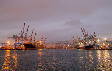 Haifa port.  Container terminal. view of the port and city at night..Haifa. Israel.