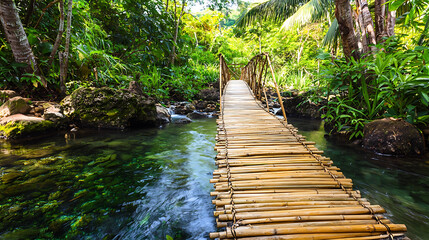 A wooden bridge spans a river in a lush jungle. generated using AI