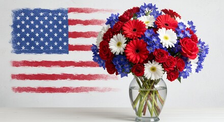 Red white and blue flowers in a clear glass vase