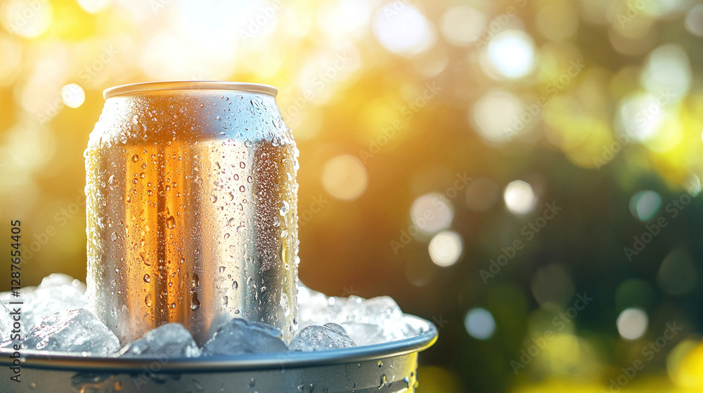 Poster an aluminum can with a drink is in a bucket filled with ice. condensation drops are visible on the j