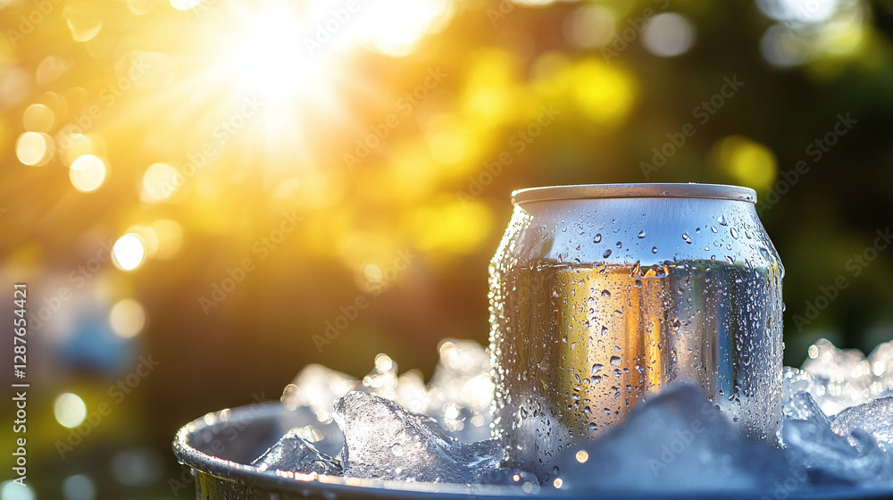 Poster an aluminum can with a drink is in a bucket filled with ice. condensation drops are visible on the j