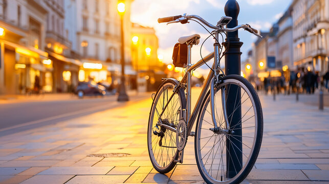 a sleek, shiny bicycle leaning against a lamppost on a quiet urban street at dusk