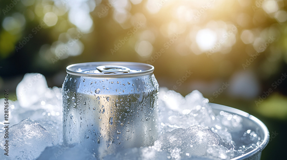 Aufkleber an aluminum can with a drink is in a bucket filled with ice. condensation drops are visible on the j