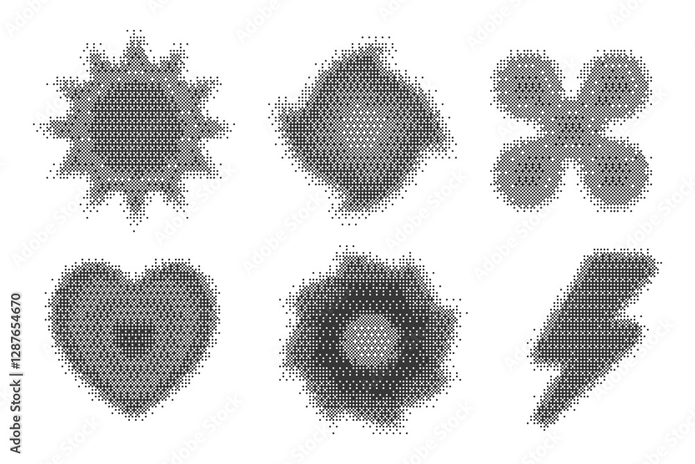 Poster pixel pattern shapes. textured heart flower and star with bitmap y2k dither gradient. retro vector s