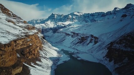 Aerial view of snowy mountains and serene valley in remote Spiti Valley, Himachal Pradesh, India.