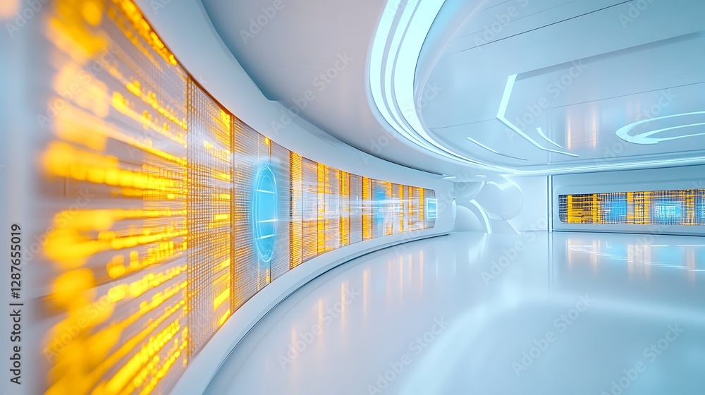Poster futuristic technology interface with bright orange data displays in modern digital environment