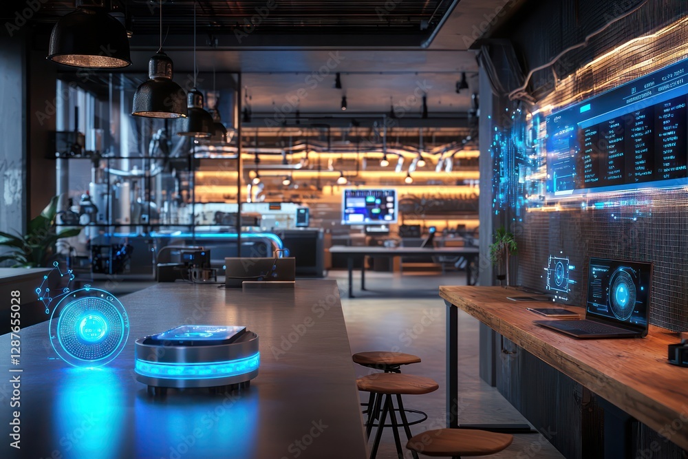 Poster industrial workspace explores iot performance via holographic fog computing devices.