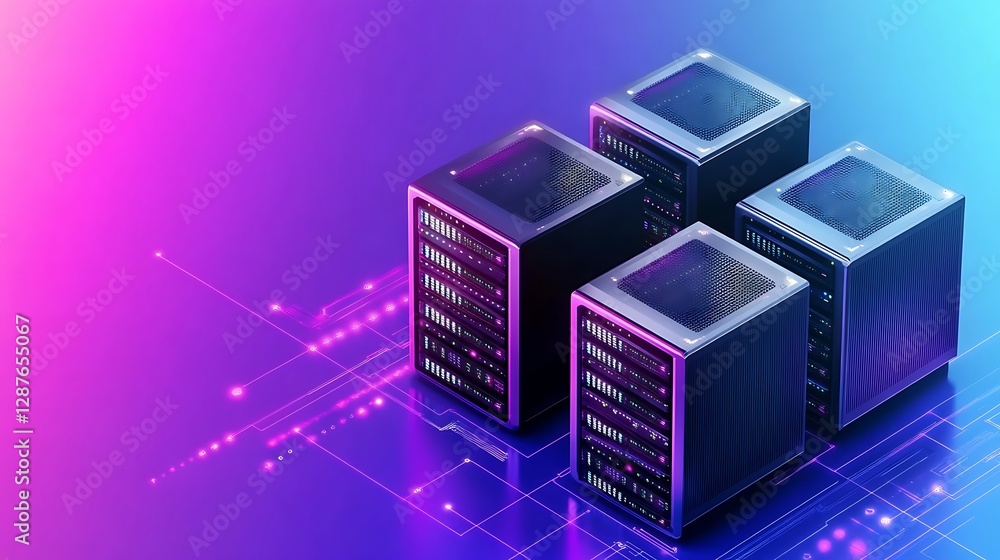 Poster modern data servers with colorful lights on technology background for digital innovation concepts