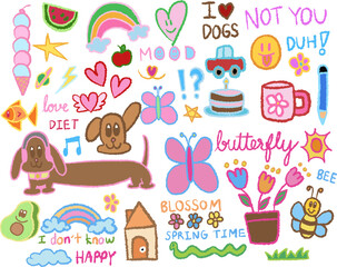 Hand drawn crayon illustration of dachshund puppy, butterfly, rainbow, ice cream cone, car, home, flower, avocado, watermelon, bee, sun for cute drawing, cartoon, sticker, animals, pet, summer, tattoo