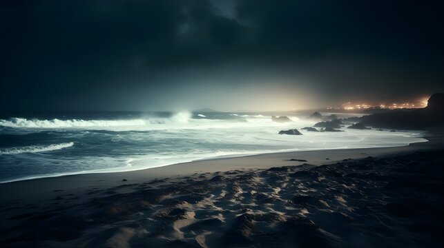 A dark, moody nightscape of an ocean beach at night. Waves crash on a rocky shore under a dark, cloudy sky. Lights are visible in the distance.