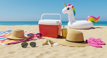 Colorful beach accessories, including pink sunglasses and an inflatable unicorn, arranged on the sand, ready for a summer vacation
