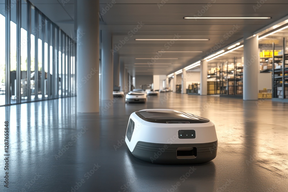 Poster vibrant logistics center manages dynamic operations with autonomous delivery robots.