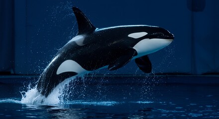 Obraz premium Killer whale powerfully leaps out of the water with splash