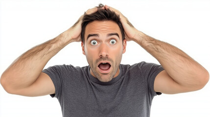 Shocked Man with Hands on Head Looking at Camera with Intense Expression