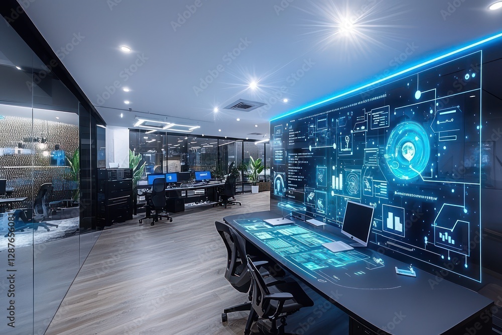Poster enterprise resource management is streamlined using augmented reality in a sleek office.