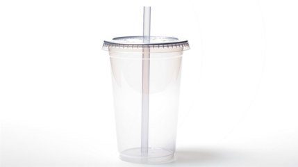 Dark background image of a transparent plastic cup with a straw ideal for beverage advertisements or product displays showcasing a refreshing drink concept and clean design aesthetic