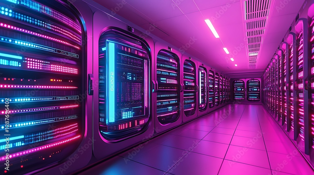 Poster futuristic data center with colorful neon lights and high-tech server racks in a digital environment