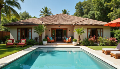 Fototapeta premium Elegant villa with swimming pool surrounded by lush greenery, luxury living