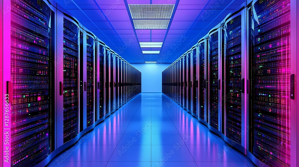 Poster illuminated data center corridor with server racks and vibrant neon lighting in technology environme