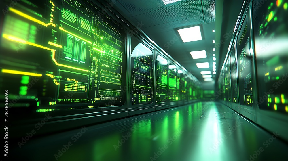 Poster futuristic server room with green led lights and data cables in a high-tech environment