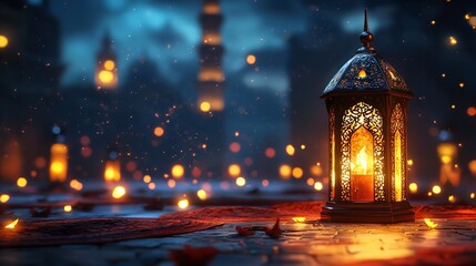 Glowing Ramadan Lantern Amidst Twinkling Lights, Festive Decorations, and a Blurry Mosque Silhouette, Creating a Warm and Joyful Atmosphere for the Holy Month


