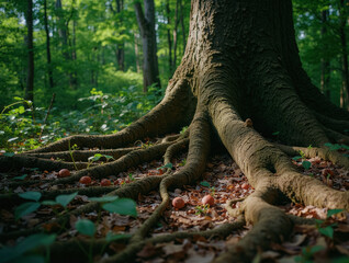 Majestic tree roots spreading in a lush green forest during daylight