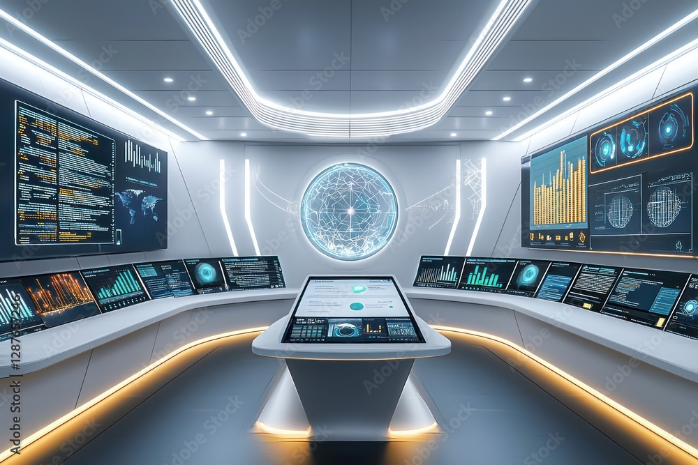 Poster quantum analytics in a sleek operations center visualized dynamically through holography.