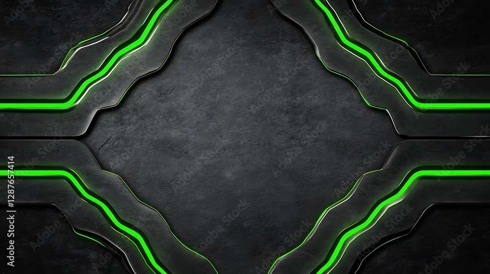 Poster futuristic dark background with neon green lines and textured metallic elements for design projects