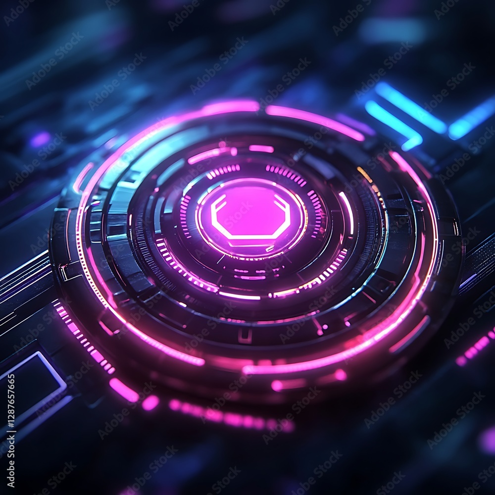 Poster futuristic abstract digital circuit design with neon lights and round geometric patterns