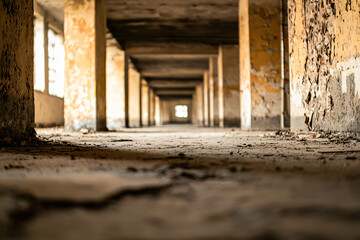 Fototapeta premium an abandoned industrial setting, featuring long shadows in an eerie underground corridor, creating a sense of mystery