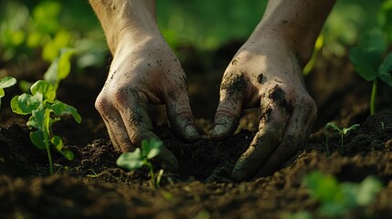 Hands Gently Planting a New Small Plant into Earth