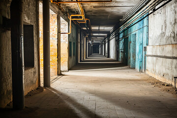 Fototapeta premium an abandoned industrial setting, featuring long shadows in an eerie underground corridor, creating a sense of mystery