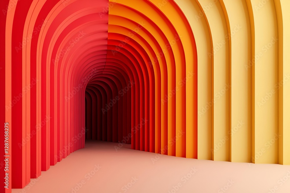 Poster a vibrant abstract tunnel composed of red and yellow arches creating depth and perspective.