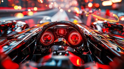 Futuristic race car cockpit at night, speed 10.