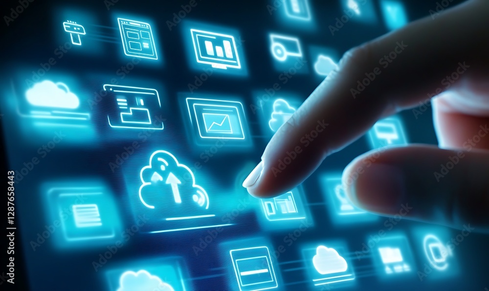 Poster modern cloud technology and computing concept with man finger on digital touch screen with cloud ico