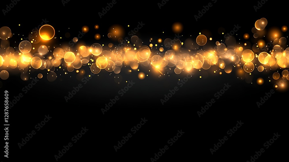 Poster sparkling golden bokeh effect with soft glows on a black background for festive celebrations and eve