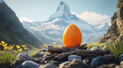 Orange speckled egg in mountain landscape with snow-capped peak, surrounded by yellow flowers and rocky terrain. Nature and mysticism concept