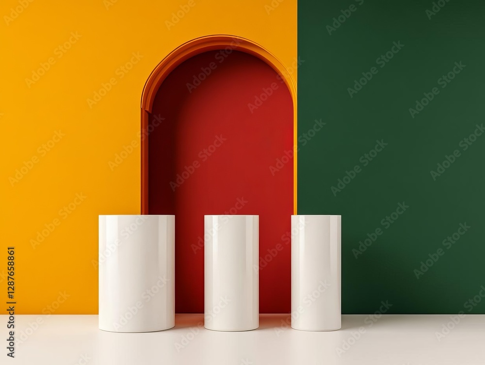 Poster modern geometric design with vibrant colors and shapes creating a unique visual effect.