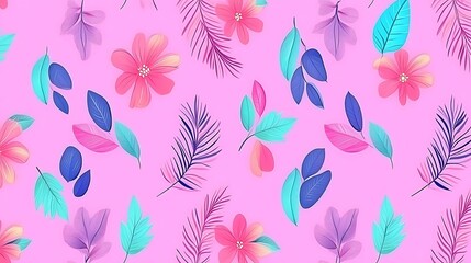 Colorful Floral Pattern on Pink Background with Leaves and Flowers in Artistic Style