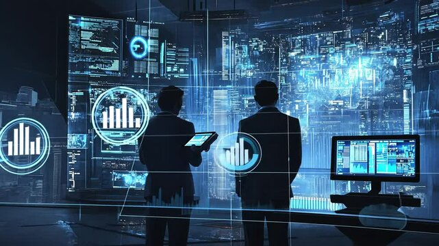 Two figures observing a control room with screens displaying data in a futuristic, illuminated environment.