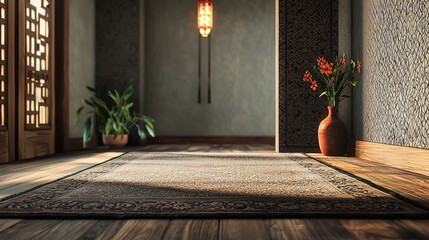Tranquil Interior with Warmly Lit Lantern, Textured Walls, and a Centered Rug, Creating a Serene and Inviting Space with Subtle 

