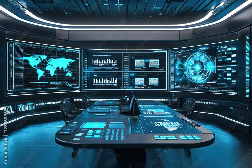 Poster holographic dashboards assist in cloud workload management at a tech hub.