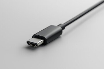 Close-up of a black usb type-c cable connector on a gray background